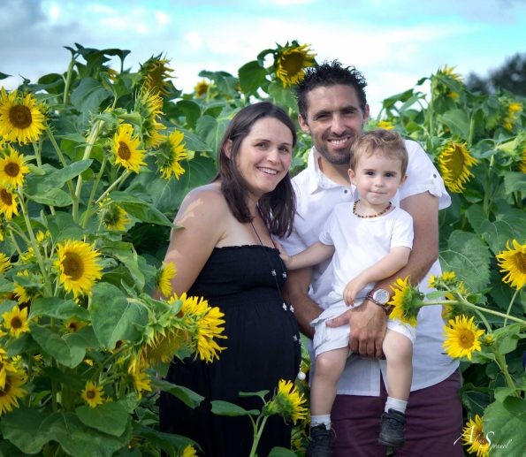 famille pose dans un champs de tournesols